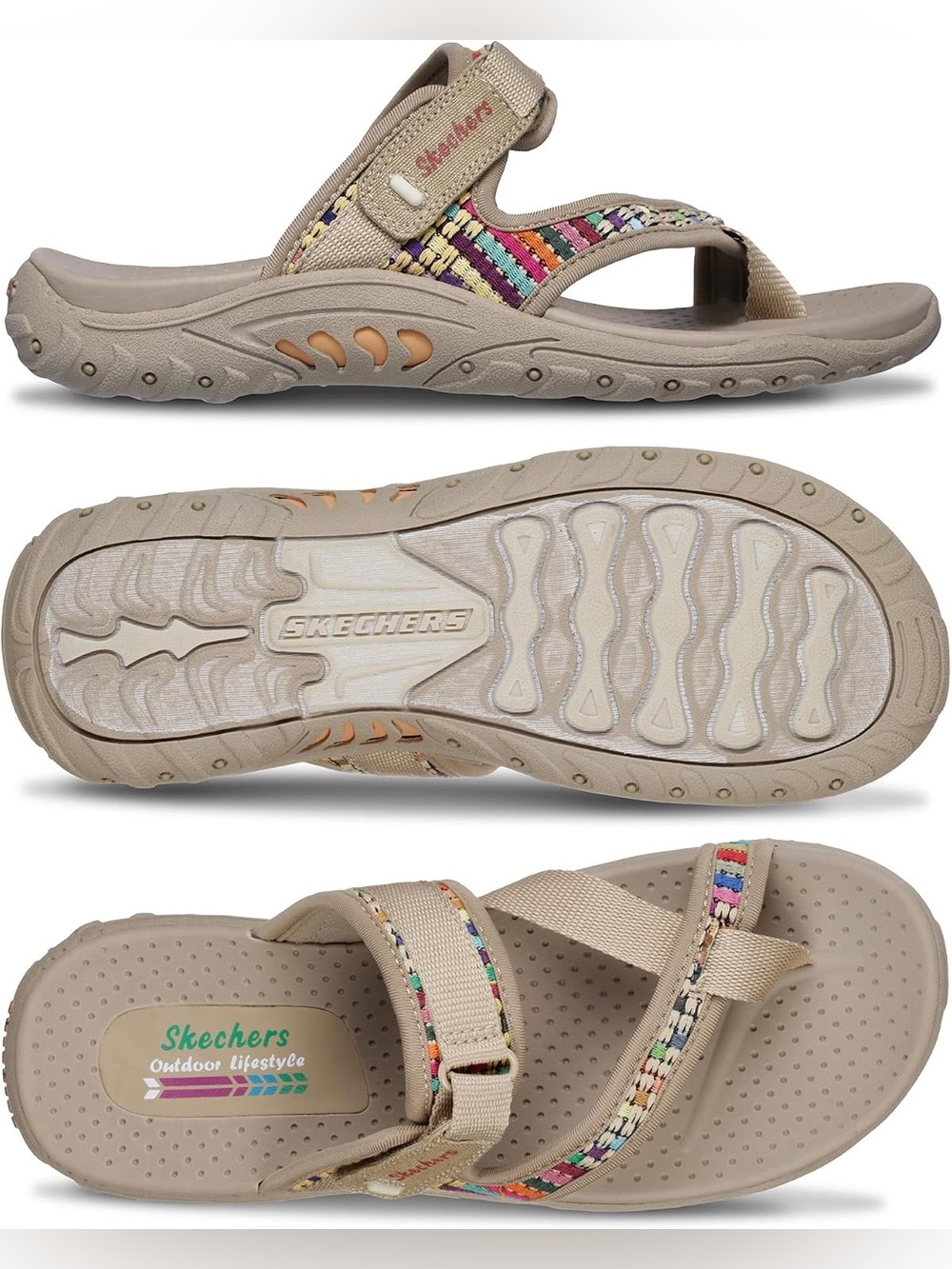 Boho Skechers Tan Toe-Ring Sandal with Multicolor Trim Sz 6 - Picture 5 of 8